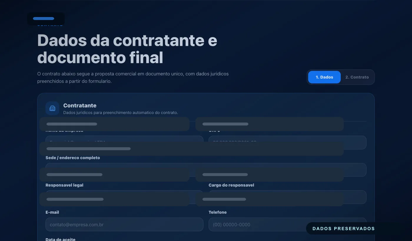 Screenshot sanitizado de esteira financeira e geração de contrato.