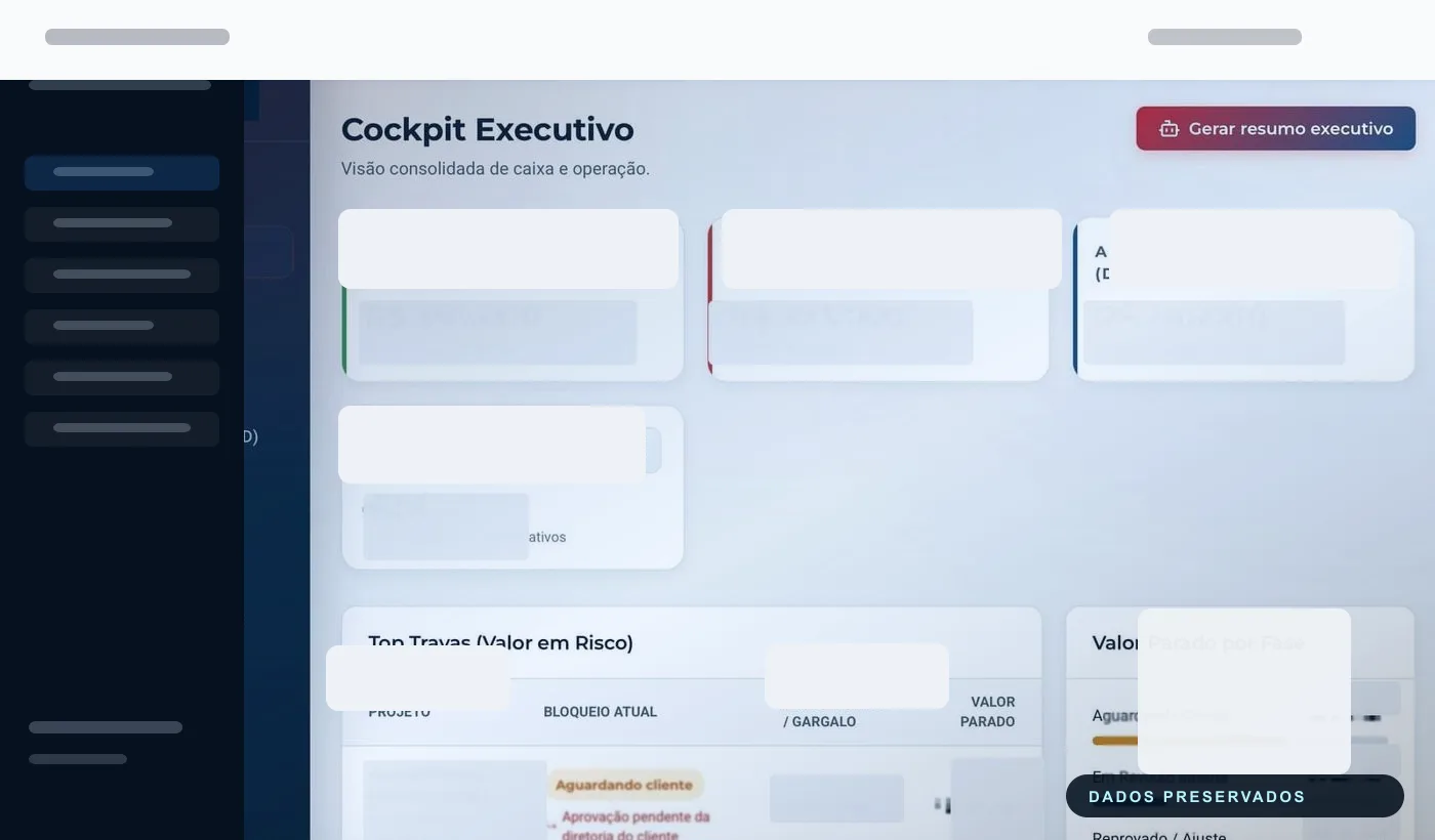 Screenshot sanitizado de painel operacional para engenharia e energia.