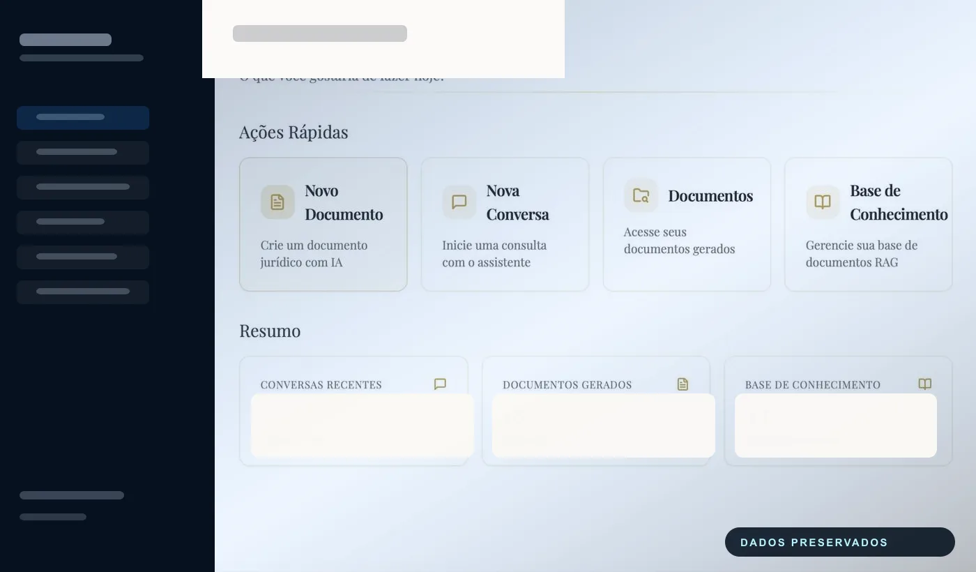Screenshot sanitizado de assistente jurídico com IA e auditoria.