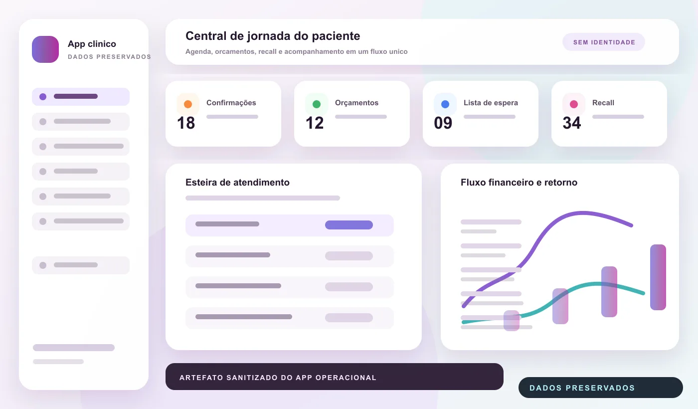 Screenshot sanitizado de app operacional para jornada clínica.